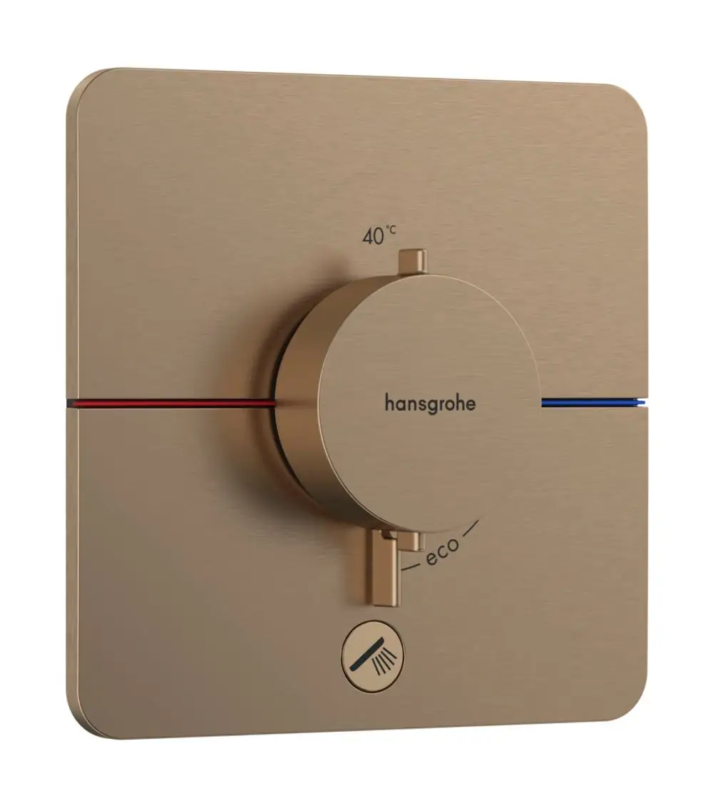 Thermostat zur Wandmontage in gebürstetem Bronze-Finish von Hansgrohe, mit regulierbarem Temperaturknopf und Funktionen für Wasserverbrauch und Duschoptionen.